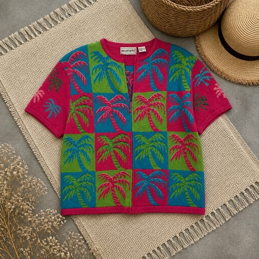 1990's Vintage Palm Tree Zip Up Cardigan  XL Pink Tropical Knit  BELLEPOINTE